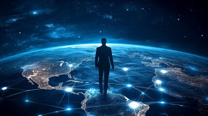 Silhouette Figure on Earth Network in Space Technology, Global Connectivity and Communication Future