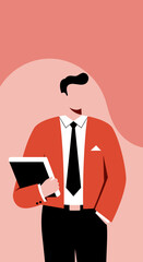 Professional businessman in a sleek suit holding a tablet, embodying corporate communication, digital strategy, and modern success. Ideal for business, finance, and technology themes.