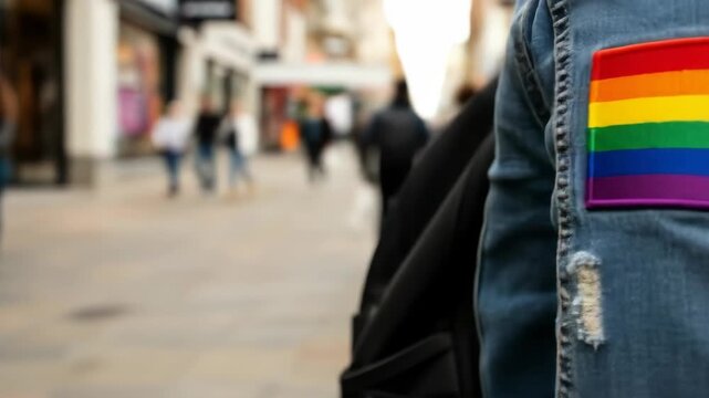 Person with a rainbow pride flag patch on a denim jacket, city street