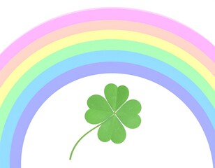 A bright, cheerful image of a four-leaf clover under a pastel rainbow