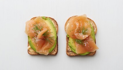 Two Open Sandwiches with Avocado, Sliced Protein and Herbs on a White Surface.