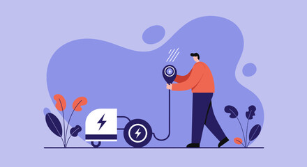 Man charging an electric device, highlighting sustainable energy, green technology, and eco-friendly solutions. Ideal for modern lifestyle, innovation, and future power concepts.