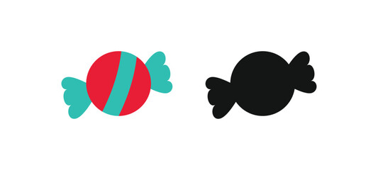 Flat design vector icon of a wrapped candy. Includes color and silhouette versions. Perfect for food, snack, and dessert themes