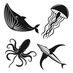 Black sea creatures stylized shapes whale octopus