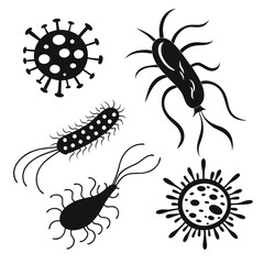 Black silhouette microscopic organisms and viruses