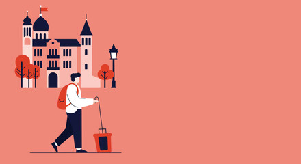 Traveler with backpack and luggage walking towards a historic European city. Perfect for concepts of tourism, adventure, vacations, and exploration.