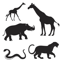 Black silhouettes of African animals on white giraffe