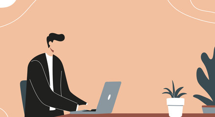 Professional man in a suit jacket working remotely on a laptop at his desk, highlighting concepts of business, productivity, and modern work environment.