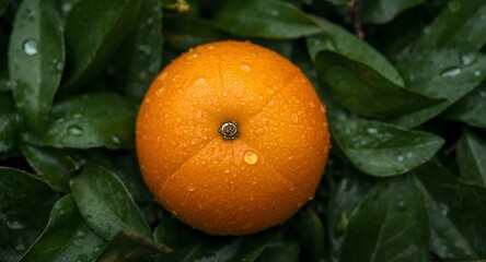Vibrant Citrus Orb Surrounded by Lush Greenery, Showcasing Detailed Textures.