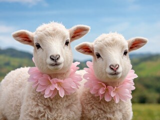 Whimsical Lambs with Floral Adornments A Study in Texture and Pastel Hues.