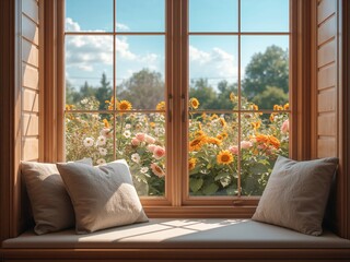 Window Seat Vista, Sunlit Floral Scene, Warm Tones and Natural Textures.