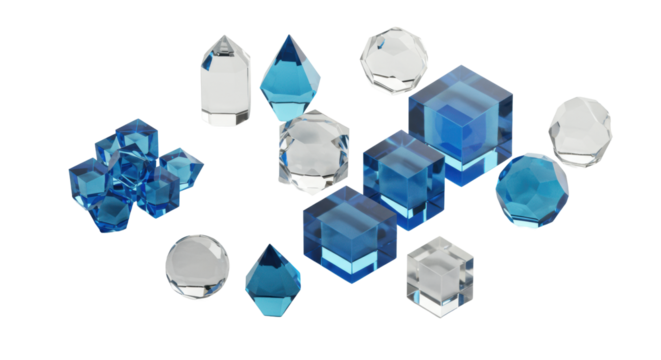 Highly polished transparent clear and cool blue geometric shapes (prisms, cubes) arranged on a transparent surface, overhead macro shot with soft lighting, concept of strategic planning