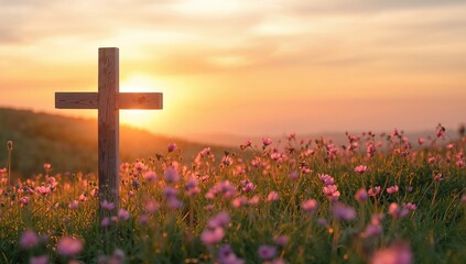 Wooden Structure in a Field of Flowers, Illuminated by Soft Sunset Hues.
