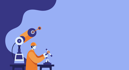 Engineer in hard hat working with a robotic arm and advanced device, symbolizing industrial innovation, automation, and future manufacturing technology.