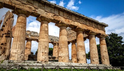 Fototapeta premium Ancient temple ruins under a partly cloudy sky