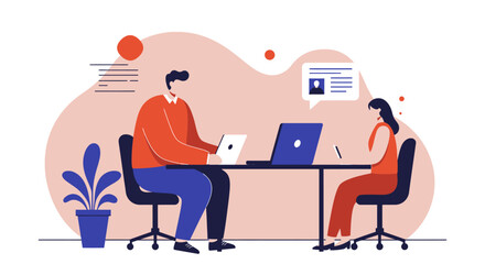 Two professionals collaborating or having an interview at an office desk with laptops, representing teamwork, hiring, or online communication. Ideal for business and technology themes.