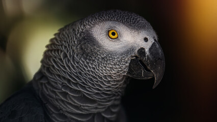 Grey african parrot on the dark background portrait