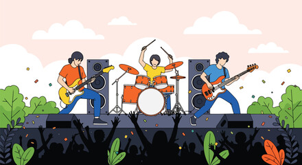 Flat style illustration of a live rock concert with guitarists and drummer on stage, powerful speakers, cheering crowd, and a lively outdoor atmosphere filled with music and energy