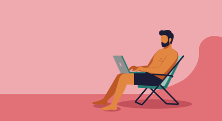Bearded man working remotely on a laptop while relaxing in a beach chair. Depicts a modern digital nomad lifestyle, combining leisure with business.