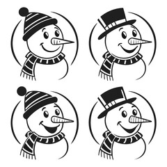 Cheerful snowman faces with hats and scarves silhouette