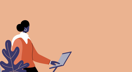 Stylish Black woman engaged with a laptop in a modern flat design illustration. Ideal for remote work, online education, or technology concepts and digital lifestyle visuals.