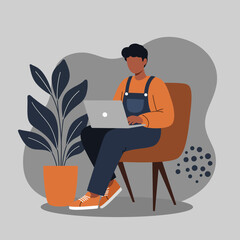 Young person working remotely on a laptop in a modern, comfortable setting, emphasizing flexibility and digital lifestyle. Ideal for business, education, or technology themes.