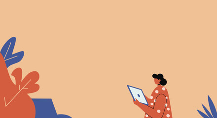 A modern illustration of a person focused on a digital tablet, surrounded by stylized natural elements. Represents online learning, remote work, or digital lifestyle.