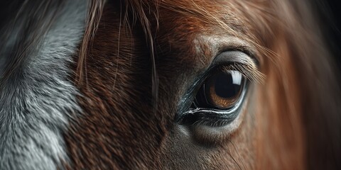 Close-up of a brown horse's eye with detailed lashes and soft fur texture, concept for equine veterinary care, animal welfare awareness and equestrian sports promotion