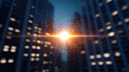 Blue flare reflecting off a skyscraper, capturing the essence of urban energy.