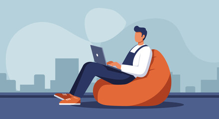 A person sitting comfortably on a bean bag chair, diligently working on a laptop with a city skyline backdrop. Represents remote work, modern lifestyle, and productivity.