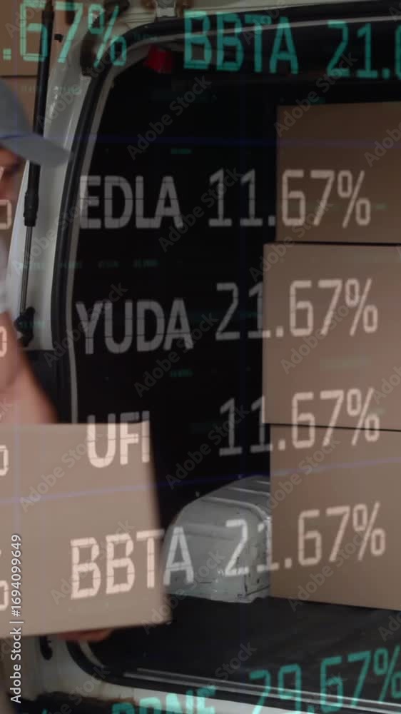 Aufkleber animation of data processing over man packing boxes into car