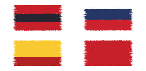 A stylized collection of four national flags, featuring the flags of Ukraine, Liechtenstein, Spain, and Poland, all with a textured, painterly brushstroke effect on a white background.
