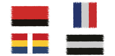 A collection of four textured national flags, including Ukraine, France, Chad, and Germany, each created with a rough, stylized brushstroke effect on a clean white background.