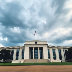 A striking shot of a grand, classical government building with a US flag, framed by a dramatic, cloudy sky