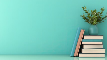 A stack of books with one angled and a plant nearby on a soft blue backdrop, creating a tranquil atmosphere for learning and relaxation