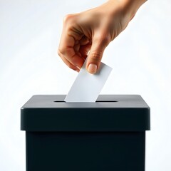 A hand drops a piece of paper into a dark, sleek ballot box, conveying a sense of civic duty