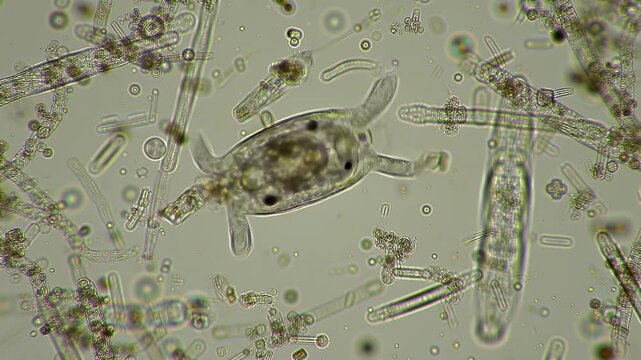Microscopic View of Paramecia Swimming Freely in a Fluid Environment with Abundant Organic Matter and Debris Captured Under Brightfield Illumination Featuring Detailed Cellular Structures