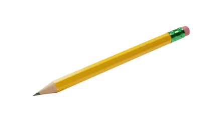 A pristine yellow wooden pencil with a sharp lead, pink eraser, and green ferrule, isolated on a transparent background with soft studio light and negative space. Concept of ideation and planning