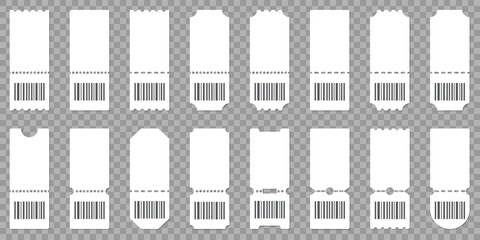 Blank ticket mockup collection. Simple white tickets with barcode and perforated edges. Great for events, cinema, and vouchers
