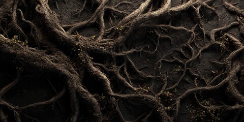 Tangled tree roots spread across dark soil surface with sparse leaves and intricate patterns, concept for ecological backgrounds, organic texture design and natural environment visualizations