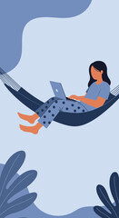 Relaxed woman working or studying remotely from a comfortable hammock. Ideal for concepts of flexible work, digital nomad lifestyle, and leisure productivity.