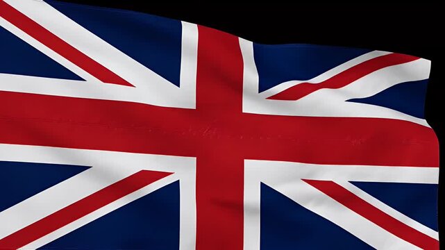 Dynamic Union Jack flag waving majestically in the wind against a dark background, symbolizing national pride and patriotism.