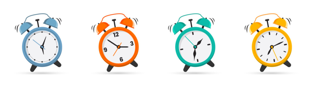 Alarm clock collection. Set of colorful ringing alarm clocks in different styles. Perfect for time management and reminder