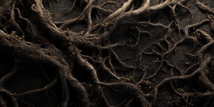 Tangled tree roots spread across dark soil surface with sparse leaves and intricate patterns, concept for ecological backgrounds, organic texture design and natural environment visualizations