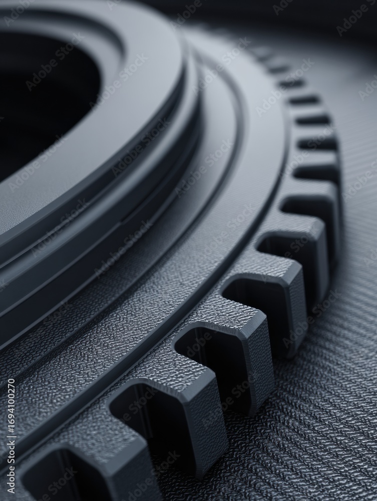 Poster close-up view of a black gear showcasing intricate details and texture in a mechanical design, empha