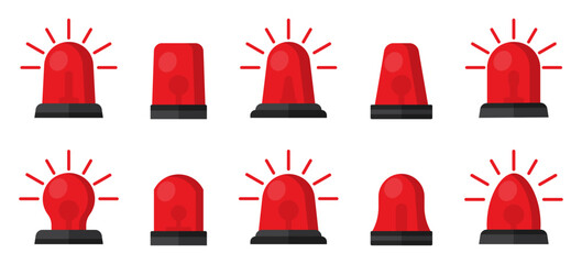 Emergency siren collection. Set of red alarm sirens with flashing lights. Used for police, ambulance, warning and urgent emergency signals