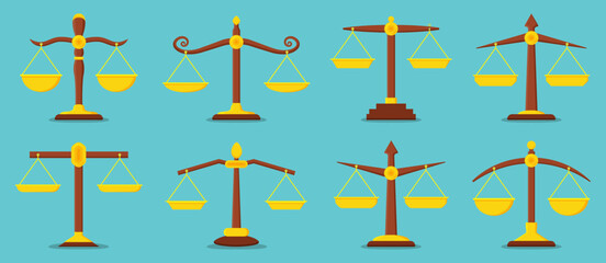Justice scale collection. Set of golden and brown balance scales. Represents fairness, law, and equality in symbolic flat style