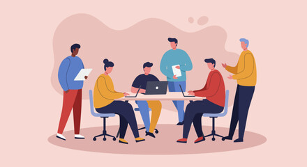 Diverse team of professionals collaborating in a modern office meeting, discussing ideas and working on laptops. Concept of business teamwork, strategy, and innovation.