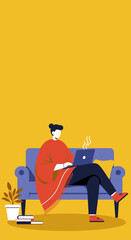 Person working comfortably from home on a laptop, enjoying a hot drink in a cozy setting with books and a plant. Ideal for remote work, lifestyle, or relaxation concepts.