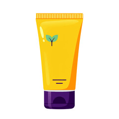 A yellow tube of skincare product with a leaf logo and a purple cap, isolated on a white background.